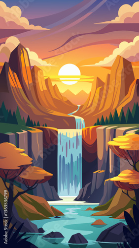 Waterfall landscape at golden hour with mountains and river view