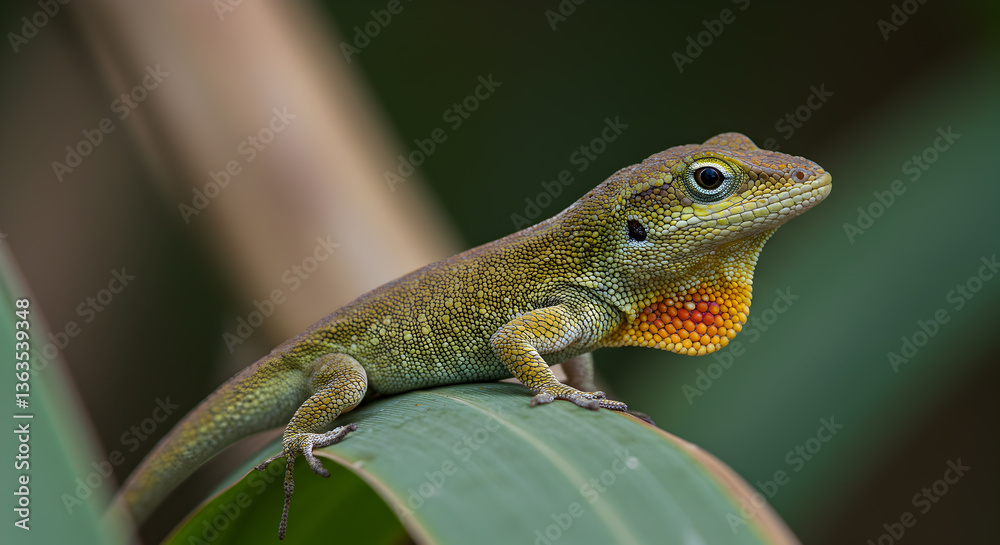 Vibrant Anole Displaying Dewlap in Lush Greenery close-up reptile portrait Vibrant Anole Displaying Dewlap in Lush Greenery close-up reptile portrait
