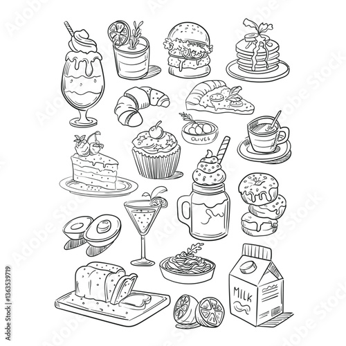 Hand-Drawn Doodle Style Food and Drinks Illustration