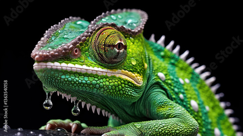 Close-Up of Vibrant Green Chameleon with Water Droplets on Skin, Black Background, Detailed Exotic Wildlife Macro Photography
