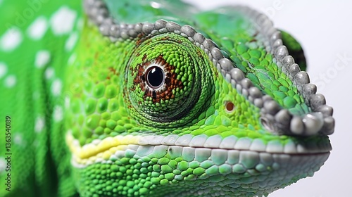 Close-Up of Vibrant Green Chameleon with Detailed Scales in Exotic Macro Wildlife Photography, Reptile, Skin Texture
