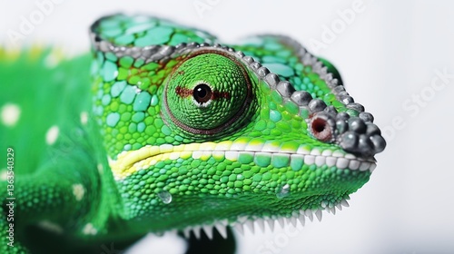 Close-Up of Vibrant Green Chameleon with Detailed Scales and Water Droplets in Exotic Macro Wildlife Photography