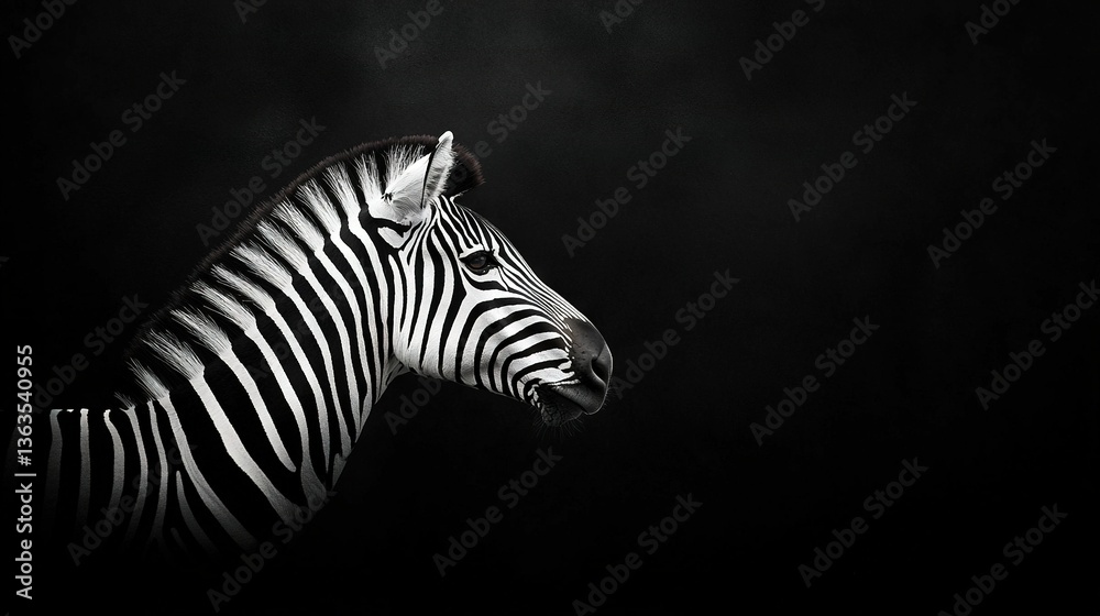 Fototapeta premium A monochrome portrait of a zebra with its head angled to one side against a dark backdrop