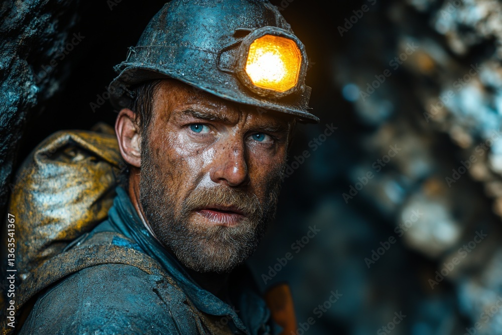 Fototapeta premium A miner navigates a narrow tunnel, balancing a heavy sack of ore on his back while wearing a headlamp. The rugged conditions highlight his dedication to the job Generative AI