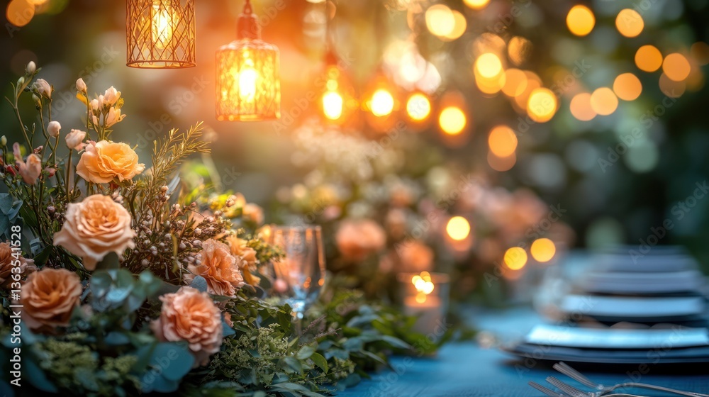 Romantic outdoor dinner setting with peach roses, string lights, and elegant tableware. Romantic outdoor dinner setting with peach roses, string lights, and elegant tableware.