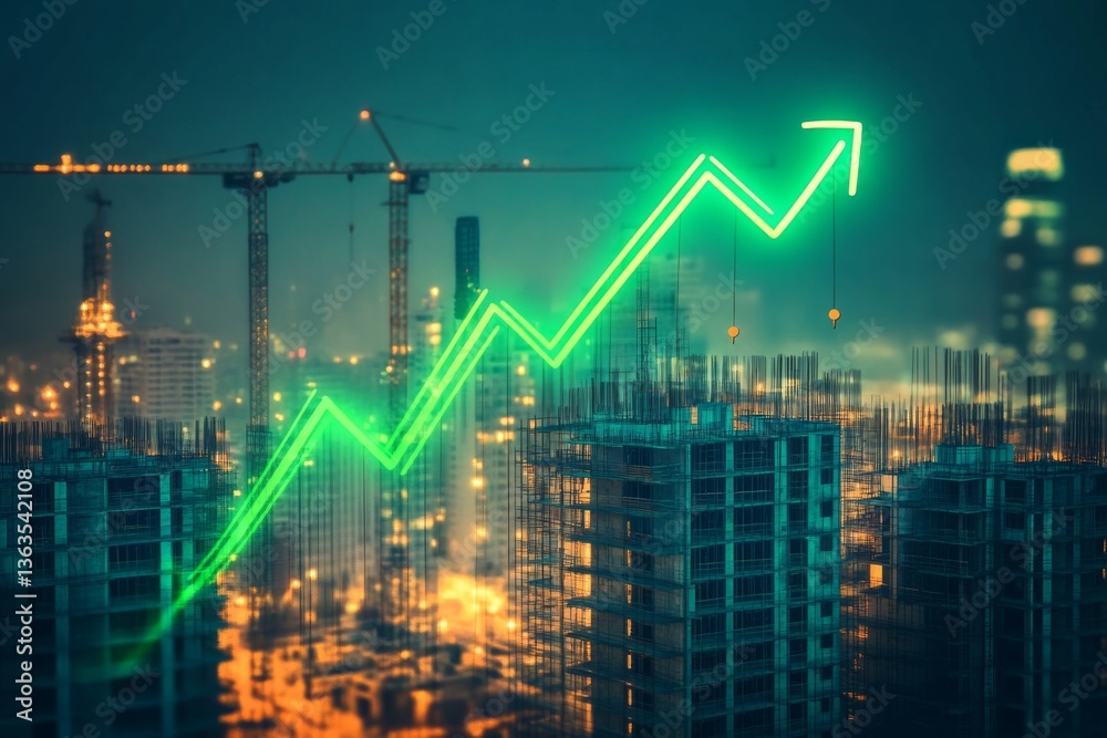 A vibrant neon-green arrow points upward over a construction site, highlighting cranes and partially built structures as the city glows at twilight Generative AI A vibrant neon-green arrow points upward over a construction site, highlighting cranes and partially built structures as the city glows at twilight Generative AI