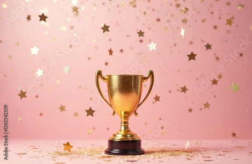 Golden trophy cup with falling star confetti on pastel pink background. Symbol of victory award success. Celebrate champion winner achievement with first place prize.