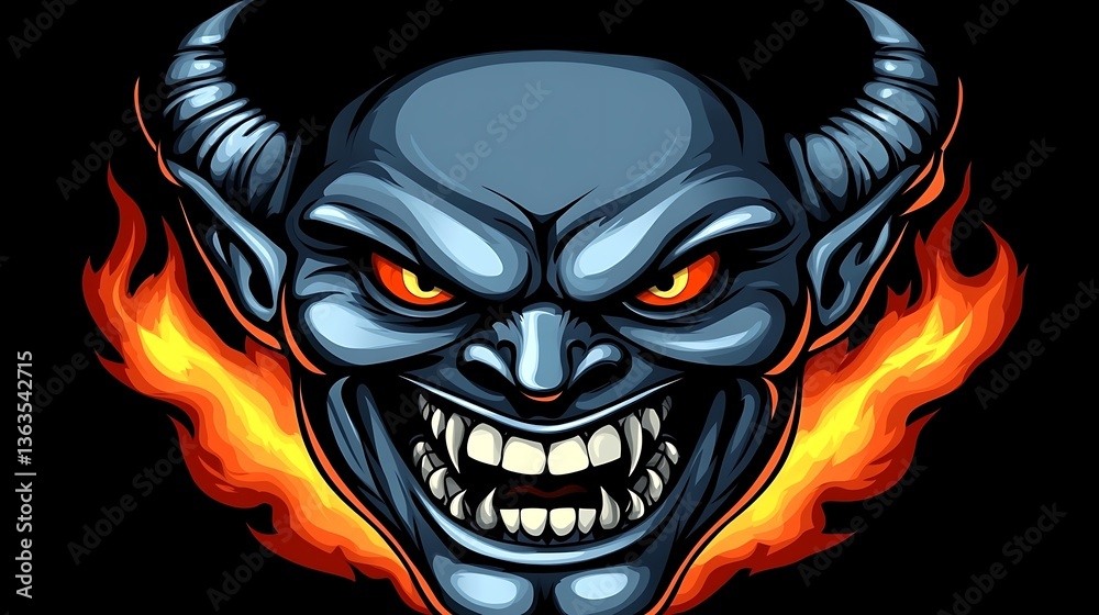 A menacing demonic creature with horns teeth and fiery background