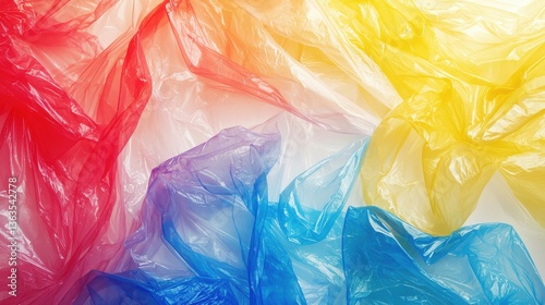 bright wrinkled transparent plastic bag poly wrap film texture white abstract background.