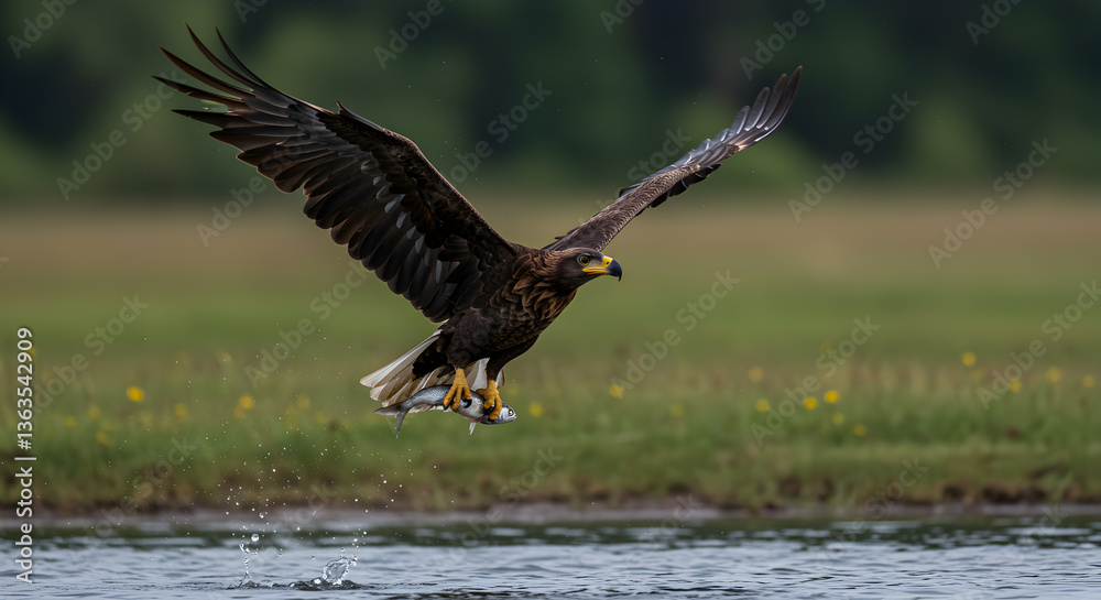 Fototapeta premium Eagle in flight clutching a freshly caught fish over a shimmering lake landscape