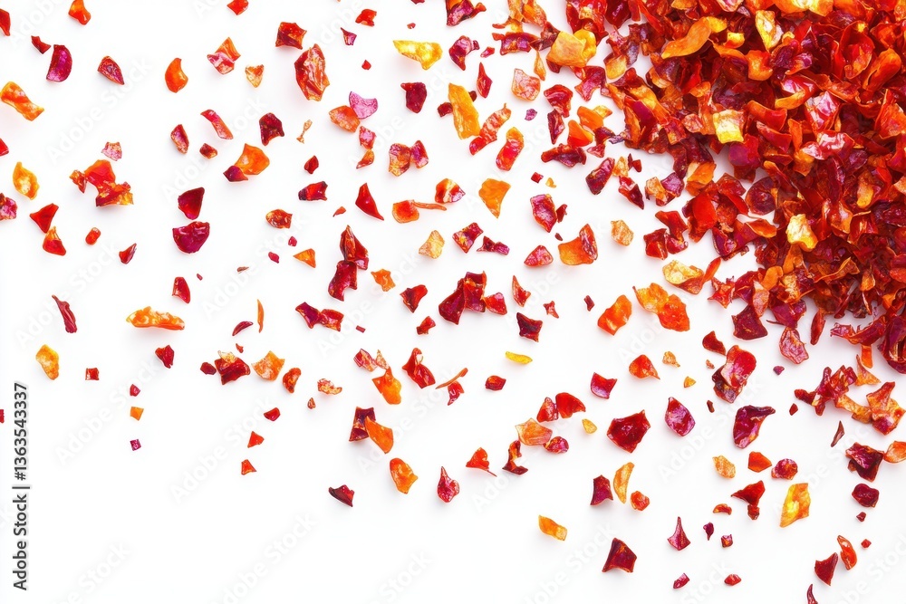 Scattered red pepper flakes on a white background creating a spicy and vibrant food photography shot Scattered red pepper flakes on a white background creating a spicy and vibrant food photography shot