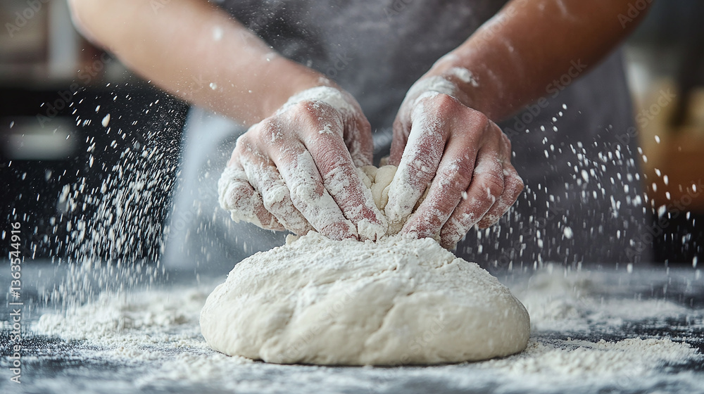 Obraz premium Woman kneading dough at grey table, closeup. Cloud of flour