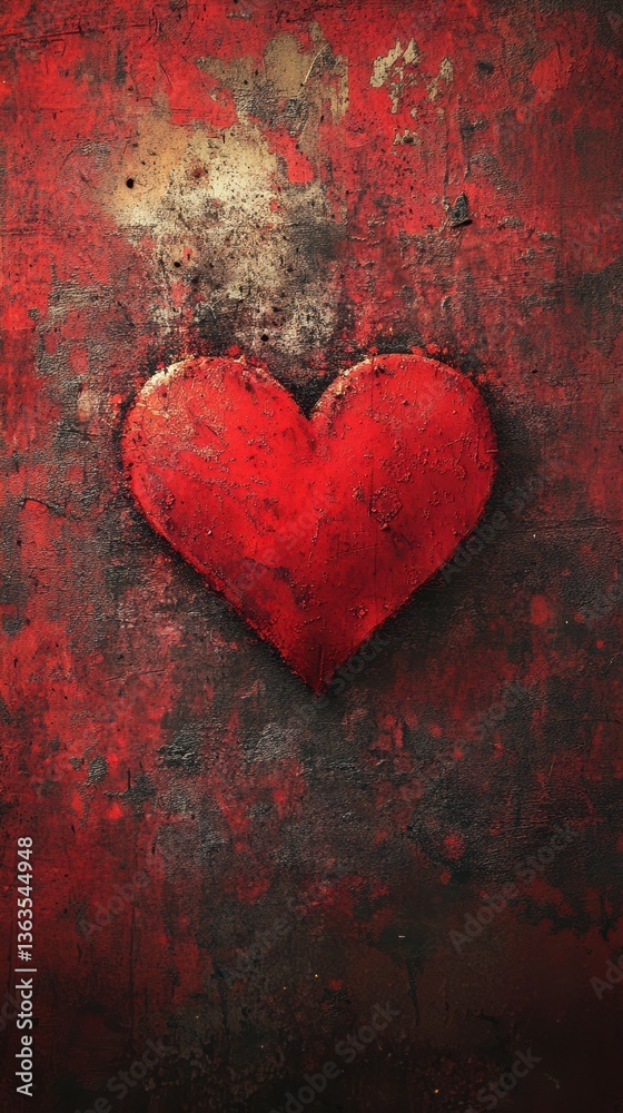 Heart shape painted in vibrant red against a textured dark background creates a striking visual contrast that evokes emotion Heart shape painted in vibrant red against a textured dark background creates a striking visual contrast that evokes emotion