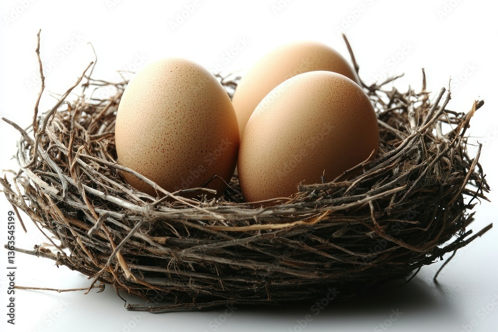 Three Brown Eggs Nestled in a Rustic Bird's Nest