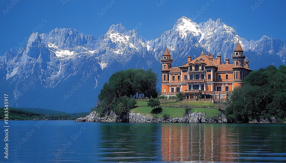 Fototapeta premium Castle on Lake with Mountains.