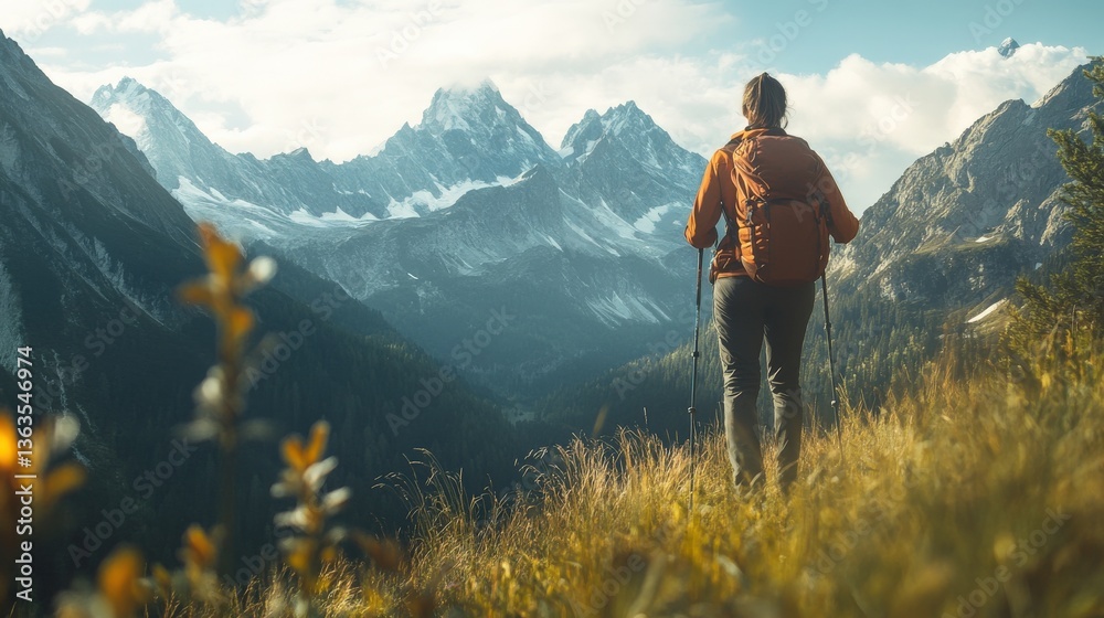 Obraz premium A hiker standing on a mountain vista looking at snow capped peaks