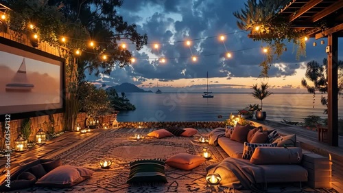 Friends enjoying outdoor movie night for National Relaxation Day, August 15th, cozy blankets, big screen, starlit sky
