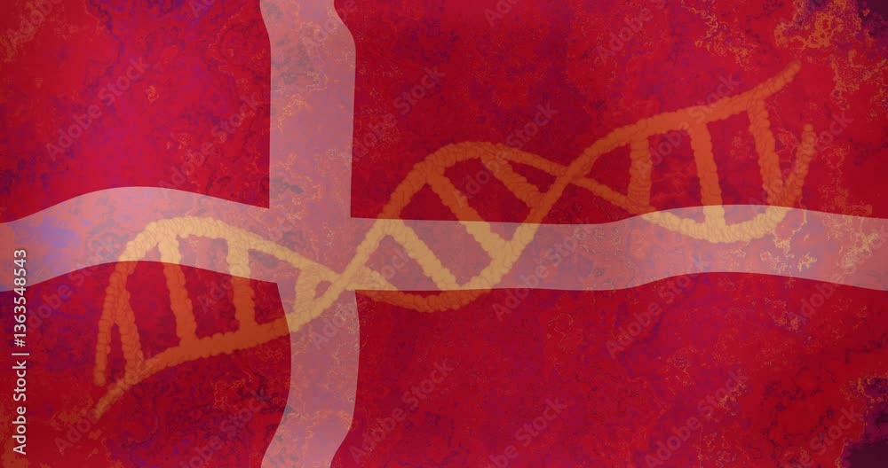 DNA strand overlay on Danish flag with textured red animation background
