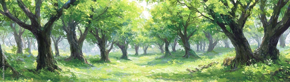 Fototapeta premium Lush forest glade, sunlight filtering, peaceful background
