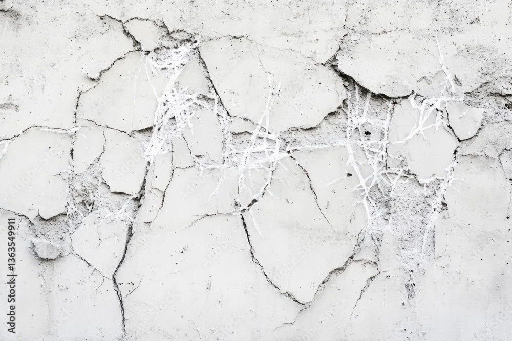 Fototapeta premium Cracked concrete wall texture with white lines showing weathering and age.