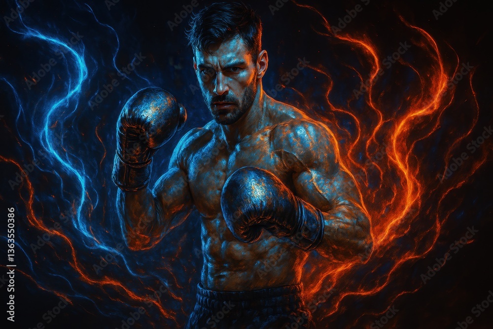 Fototapeta premium A powerful male boxer stands ready for action, showcasing strength and intensity against a backdrop of dynamic blue and orange lights.