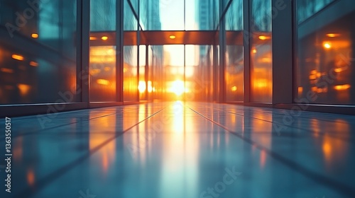Sun sets over a modern glass building hallway, reflecting on the polished floor.
