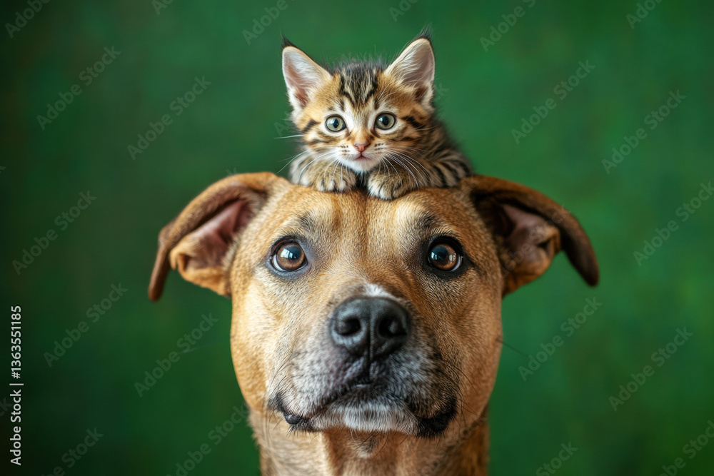 Obraz premium Cute Kitten Sitting on Dog's Head