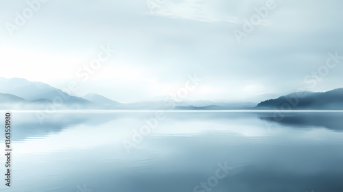Calm lake with a gradual transition from pale blue to pure white, cold, serene, lake. Frozen Transition. Illustration