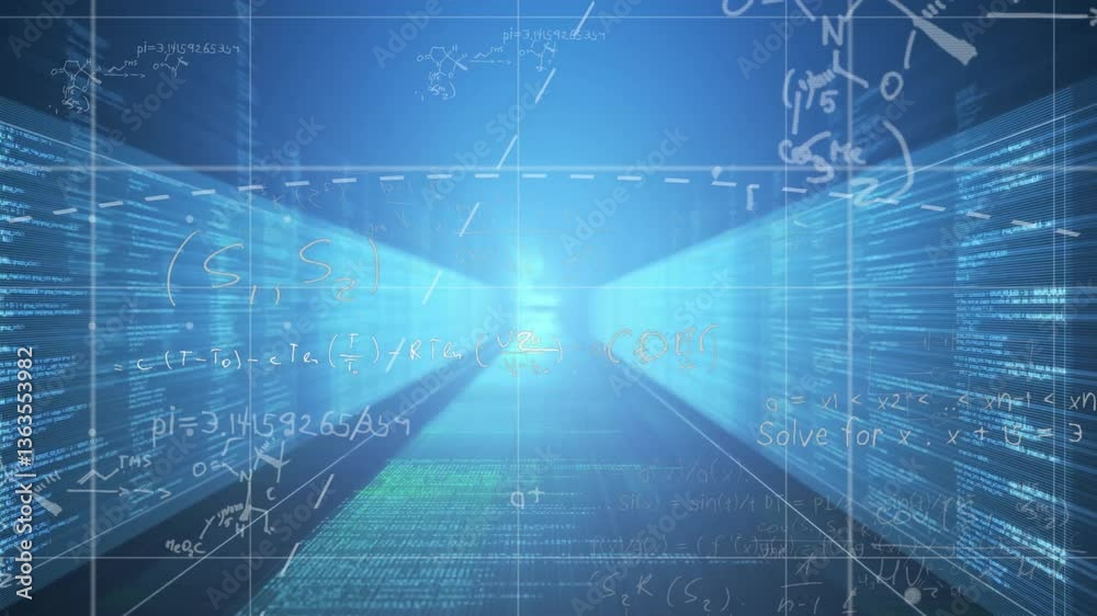 Processing digital data, mathematical equations animating over futuristic blue background Processing digital data, mathematical equations animating over futuristic blue background