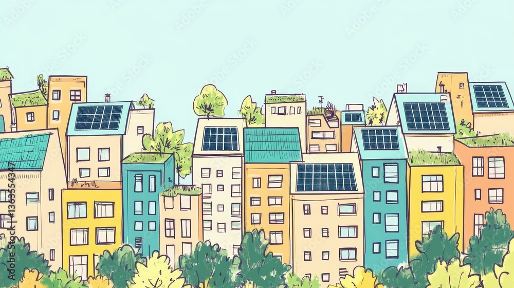 Imagining a sustainable urban future with hand-drawn cityscape featuring green roofs and solar panels in vibrant colors Imagining a sustainable urban future with hand-drawn cityscape featuring green roofs and solar panels in vibrant colors