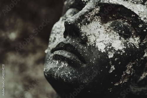 Close-up of a weathered, dark stone face statue, showing age and decay.