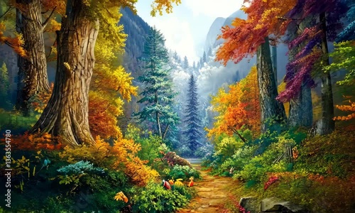 Vibrant autumn forest scene with colorful foliage, serene pathway, and distant mountains under clear sky