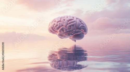 Floating glass brain above tranquil water symbolizes emotional equilibrium and clarity, reflecting surreal pastel tones in a serene environment