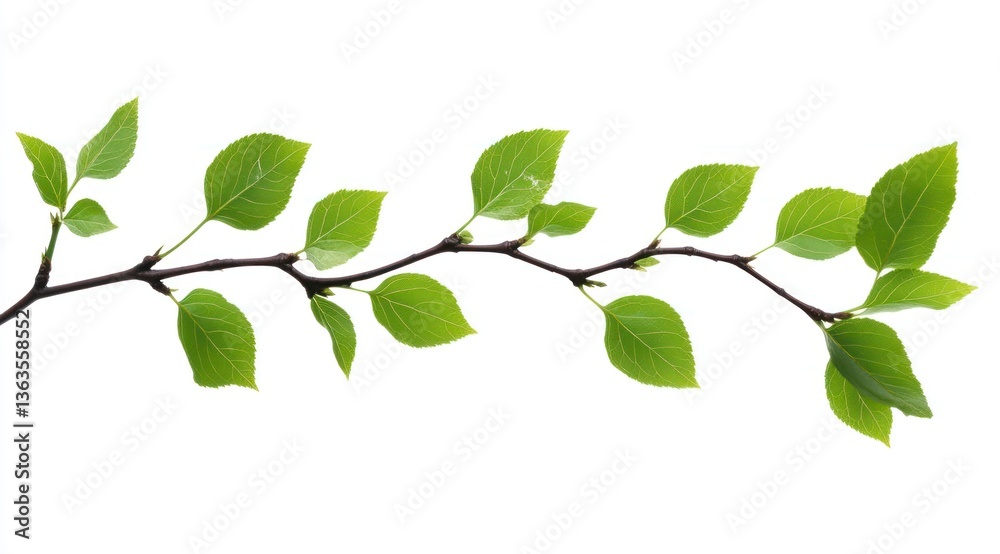 Obraz premium Branch with Fresh Green Leaves on White Background for Design Use