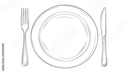 Sketch of a white plate with a fork on the left and a knife on the right in a white background