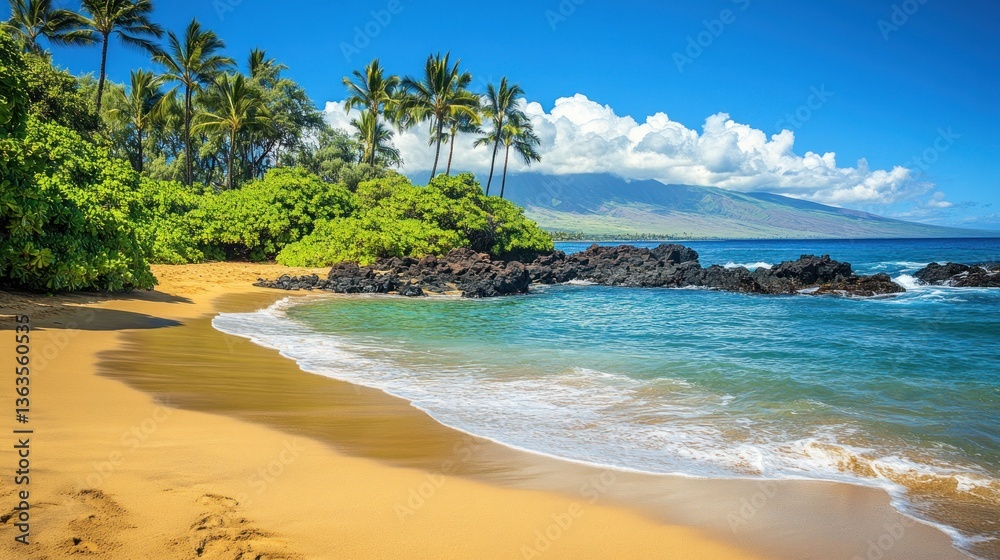 Fototapeta premium Tropical beach, palm trees, volcano view, ocean waves