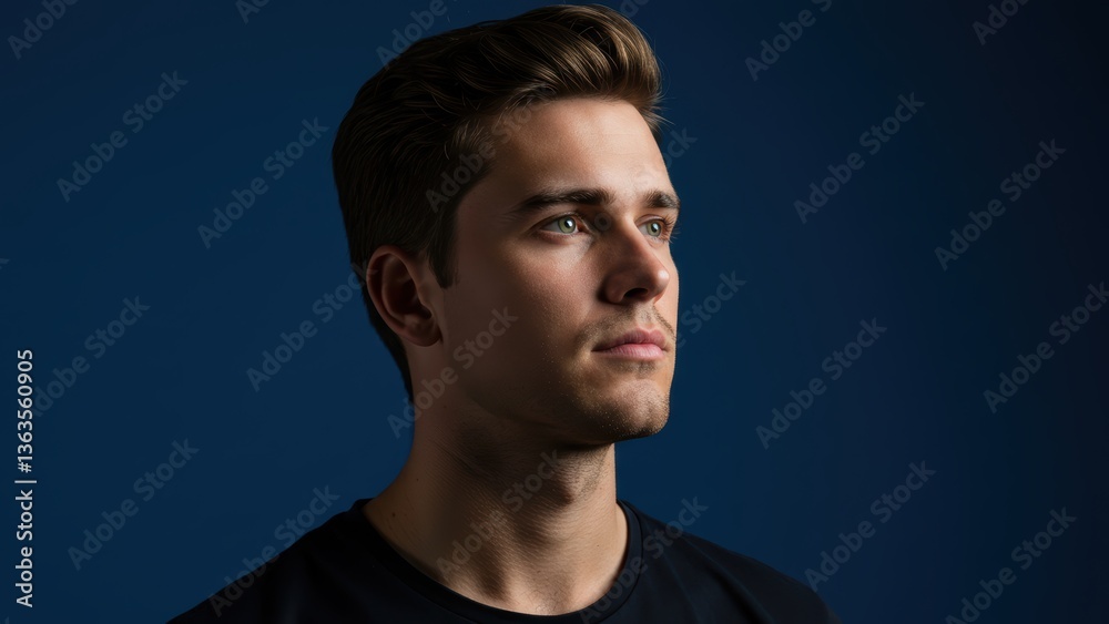 Obraz premium A handsome man with green eyes gazes upward against a dark blue background.