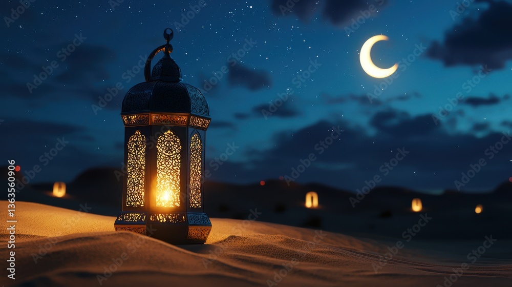 Glowing lantern casting shadows on a sand dune, crescent moon and stars, Ramadan scene. Glowing lantern casting shadows on a sand dune, crescent moon and stars, Ramadan scene.