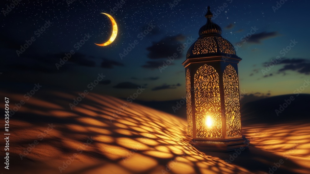 Fototapeta premium Glowing lantern casting shadows on a sand dune, crescent moon and stars, Ramadan scene.
