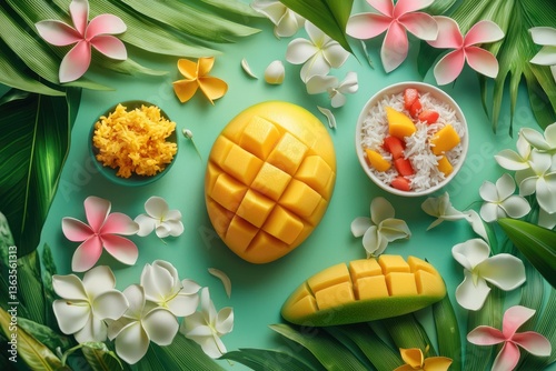 Wallpaper Mural A vibrant display of mangoes, sticky rice, and tropical flowers arranged on a cool, teal background, creating a refreshing aesthetic. Torontodigital.ca