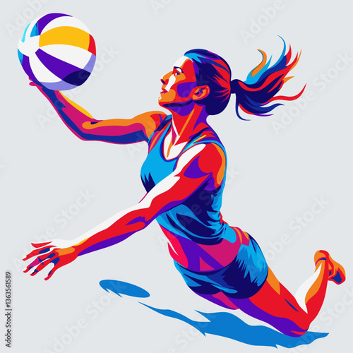 Pop art illustration of a female beach volleyball player diving for the ball, vibrant design for sports and activity concept