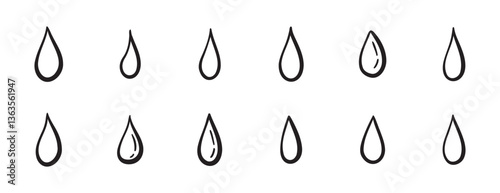 Doodle water drops hand drawn outline different shapes. sketch vector illustration of droplets. Outline tears