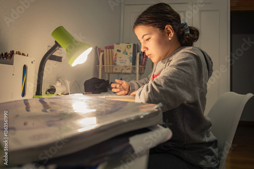 young teenage woman studying in her room