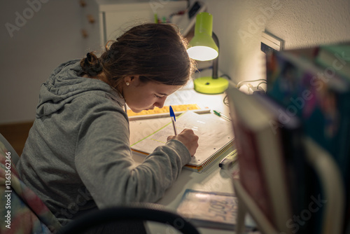 young teenage woman studying in her room