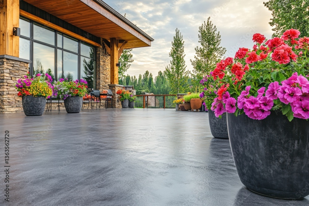 Fototapeta premium Colorful flowers in pots on a clean concrete patio with a beautiful view Generative AI
