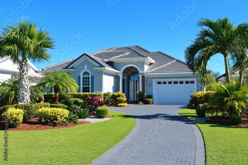 Fototapeta Naklejka Na Ścianę i Meble -  Symmetrical hedges and clean driveway enhance beautiful home landscape Generative AI