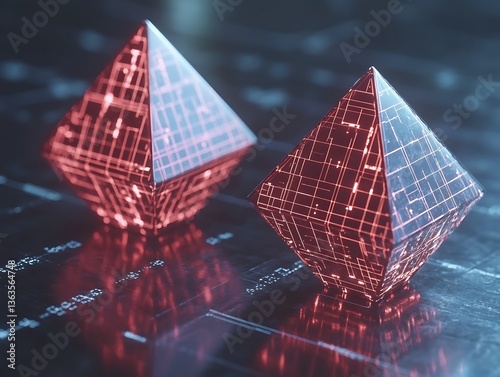 Two futuristic glowing pyramids in a dark digital rendering