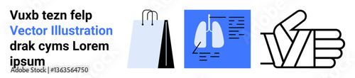 Shopping bag, medical lung diagram with text, and hand gesture in bold lines. Ideal for health education, shopping, digital design, modern branding, communication, presentation simple landing page