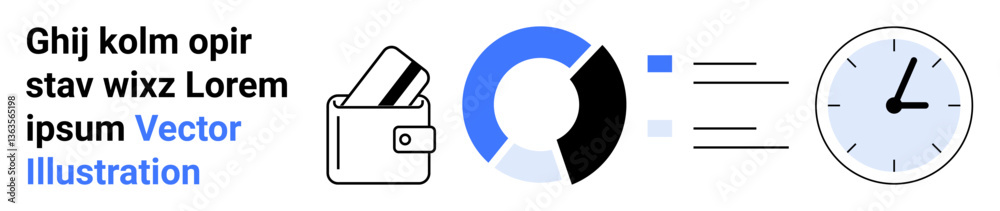 Wallet holding cards, circular data analytics chart and a clock represent digital payments, data analytics, and time management. Ideal for finance, productivity, business, tech, data analysis Wallet holding cards, circular data analytics chart and a clock represent digital payments, data analytics, and time management. Ideal for finance, productivity, business, tech, data analysis