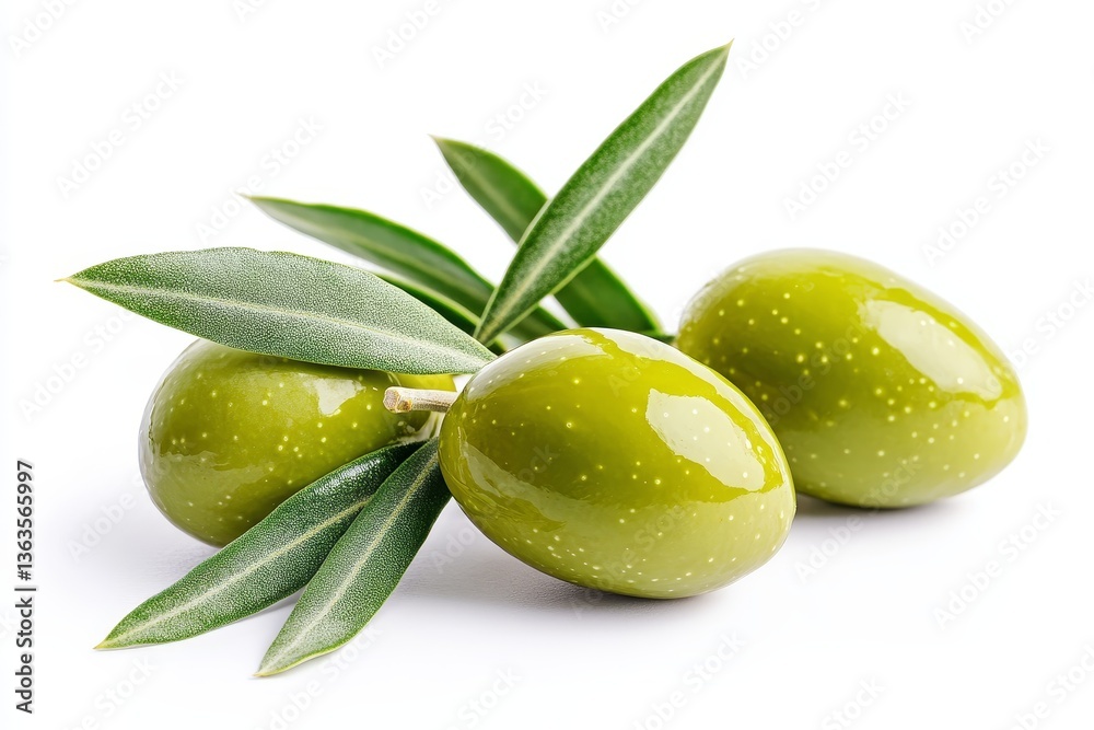 Obraz premium Green olives with leaves isolated on white background